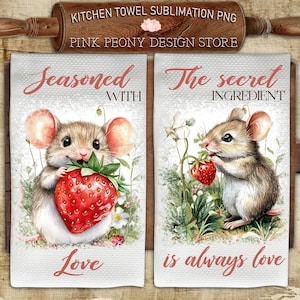 May include: Two kitchen towels with a watercolor illustration of a mouse holding a strawberry. The text on the towels reads "Seasoned with Love" and "The secret ingredient is always love".