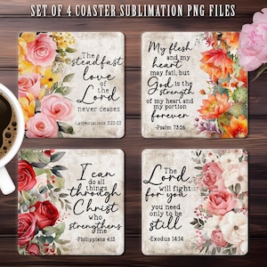 Puede incluir: Conjunto de cuatro posavasos cuadrados con diseños florales y citas inspiradoras. Los posavasos presentan flores de estilo acuarela en tonos de rosa, rojo y naranja. Cada posavasos tiene una cita diferente de la Biblia, incluyendo "El amor constante del Señor nunca cesa", "Mi carne y mi corazón pueden fallar, pero Dios es la fuerza de mi corazón y mi porción para siempre", "Puedo hacer todas las cosas por medio de Cristo que me fortalece", y "El Señor peleará por ti, solo necesitas estar quieto".