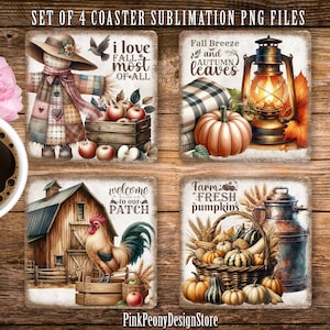 May include: Set of four square coasters with autumn-themed designs. One coaster features a scarecrow, another a pumpkin and lantern, a third a barn and rooster, and the last a basket of pumpkins. The text "I love fall most of all", "Fall Breeze and Autumn Leaves", "welcome to our patch", and "Farm Fresh Pumpkins" are included.