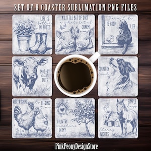 Puede incluir: Conjunto de 8 archivos PNG de sublimación con diseños temáticos de campo. Cada posavasos muestra una ilustración diferente, incluyendo animales de granja, botas y citas inspiradoras. Los posavasos son cuadrados y tienen una estética vintage.