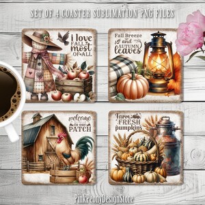 May include: Set of four square coasters with fall-themed designs. Each coaster features a different illustration: a scarecrow, a pumpkin with a lantern, a barn with a rooster, and a basket of pumpkins. The text "I love fall most of all" is also included.