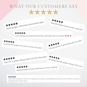 K&ouml;nnte beinhalten: Eine Collage aus Kundenbewertungen mit f&uuml;nf Sternen und positiven Kommentaren zur Qualit&auml;t der Produkte und Dienstleistungen. Die Bewertungen heben die Sch&ouml;nheit der Designs, den schnellen Service und die allgemeine Zufriedenheit mit den K&auml;ufen hervor.