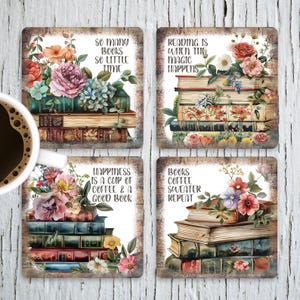 Floral Books Square Coaster Sublimation Design, Reading Quotes Coasters, Book Lover Coaster Design PNG, Digital Download, Book Coaster Set