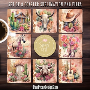 May include: Set of eight sublimation coaster designs featuring a variety of southwestern themes, including a cactus, a skull, a cowboy hat, a horse, a cow, a door, boots, and a guitar. The coasters are all on a pink background with white accents.