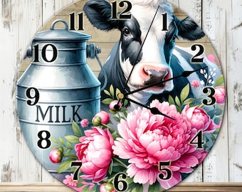 Floral Cow Clock Sublimation Design, Farm Market Clock Face PNG, Rustic Milk Wall Decor Digital Download Template, Milk Can DIY Clock Design
