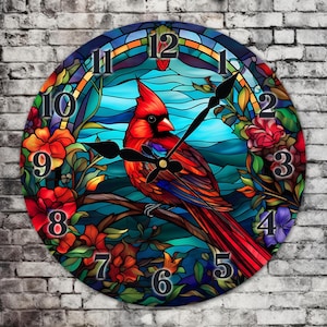 May include: A stained glass clock featuring a red cardinal perched on a branch with blue, red, and green flowers. The clock face has black Roman numerals and black hands.