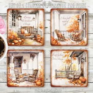 Diseño de sublimación de posavasos cuadrados para patio otoñal, plantilla PNG de posavasos con frase otoñal, impresión de temporada de calabazas, descarga digital de estilo cottagecore otoñal