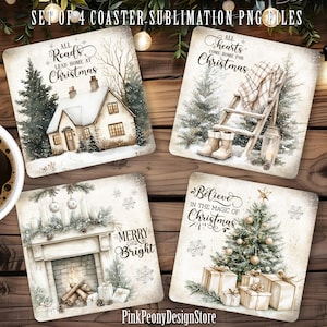 May include: Set of four square coasters with Christmas designs. Each coaster features a different watercolour illustration with text: a house, a ladder with boots, a fireplace, and a Christmas tree. The text includes phrases like "All Roads Lead Home at Christmas."
