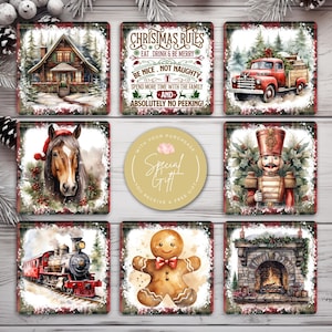 Rustykalne, kwadratowe podkładki świąteczne z nadrukiem sublimacyjnym, podkładka 4x4, plik PNG, rustykalna podkładka na zimę do domowego rękodzieła, pobieranie cyfrowe