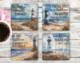 Lighthouse Square Coaster Sublimation Design, Inspirational Quote Coasters, PNG, Mindful Quotes Design, Digital Download, Set Of 4 Coaster