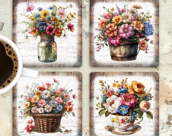Rustic Spring Flowers Square Coaster Sublimation Design, Spring Jar Coaster PNG Template, Floral Home Decor Digital Download, DIY Gift Idea