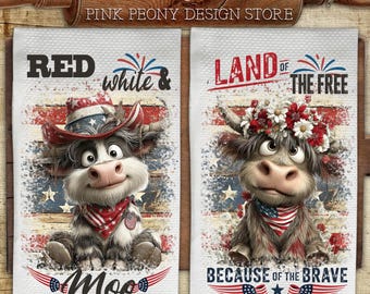 Patriotic Highland Cow Kitchen Towel Sublimation Design, USA Heifer Tea Towel PNG Template, Funny Cow Print, DIY Gift Digital Download