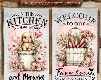 Farmhouse Spring Kitchen Towel Sublimation PNG, Pink Easter Print File (Digital Download)