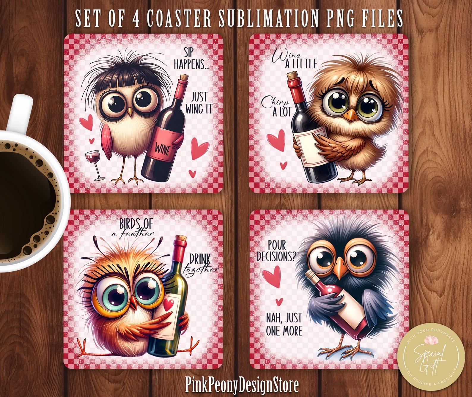 Funny Bird Square Coaster Sublimation Design, Humorous Wine Quote ...