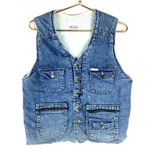 Vintage 1990s Sherpa Lined Women’s Denim Jean Vest XL Blue Medium Wash