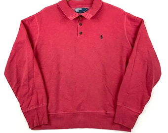 Vintage Polo Ralph Lauren Quarter Button Up Sweatshirt Crewneck Size Large Red
