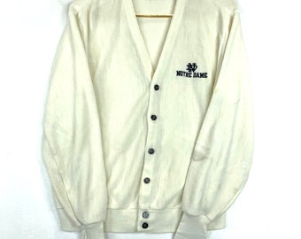 Vintage Notre Dame Pine State Knit Cardigan Sweater Size Large Beige Made In Usa