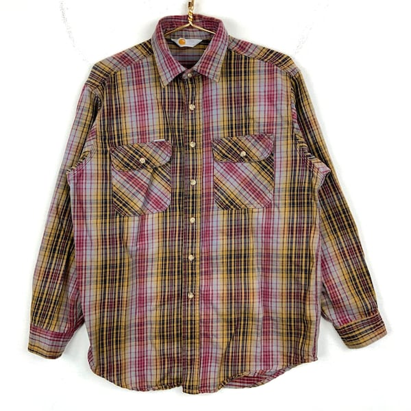 Vintage Carhartt Plaid Flannel Shirt Size Large Collared Button Up Made In Usa