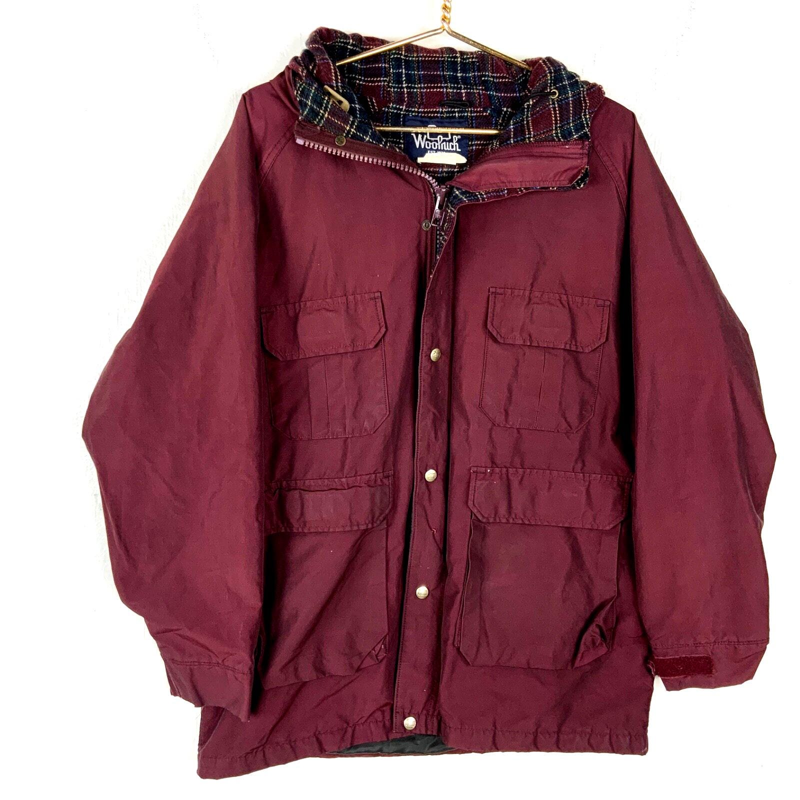 Vintage Woolrich Windbreaker Jacket Size Large Red Plaid Hooded Full Zip