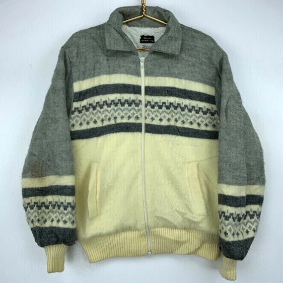 Hudson's Sherpa Lined Wool Vintage Full Zip Knit Sweater Jacket Size XL Gray 90s