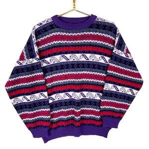 Vintage Grandpa Knit Sweater Medium Multicolor Crewneck Striped 90s