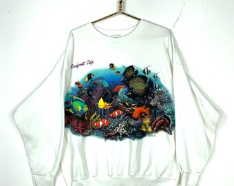 Vintage Ocean Life Rainforest Cafe sweat ras du cou 2XL enveloppant imprimé des années 90