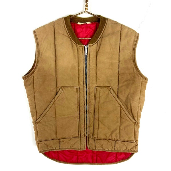 Vintage 1970s Quilted Full Zip Vest Small Brown Workwear