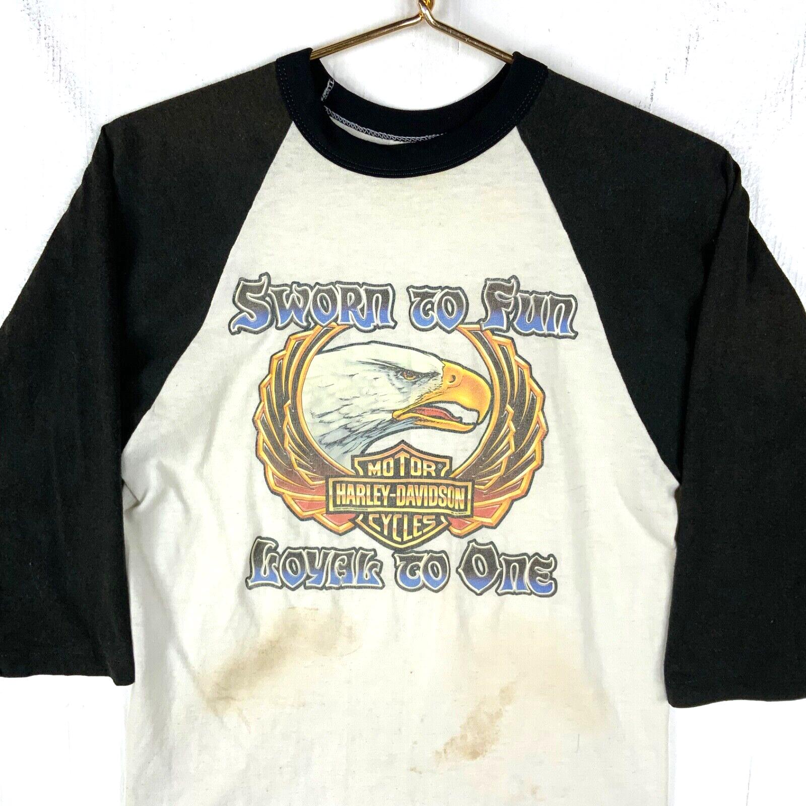 Vintage 1980s Harley Davidson T-Shirt Medium Raglan Distressed 1982 Sworn To Fun