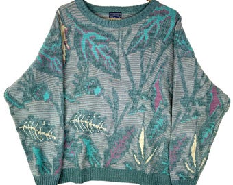 Vintage Grandma Knit Sweater Size 1X Green Floral 90s