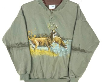 Vintage Wildlife Deer Henley Sweatshirt Size Large Green Made Usa All Over Print