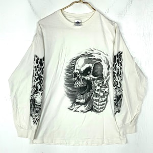 Vintage Y2K Flaming Skull T-Shirt Large White 2006 Long Sleeve