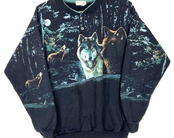 Vintage Wölfe Wildlife All Over Print Henley Sweatshirt Große Schwarz Made USA