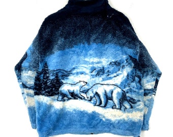 Vintage Wildlife Fleece Sweater Jacket Small Full Zip Blue Polar Bear 90s