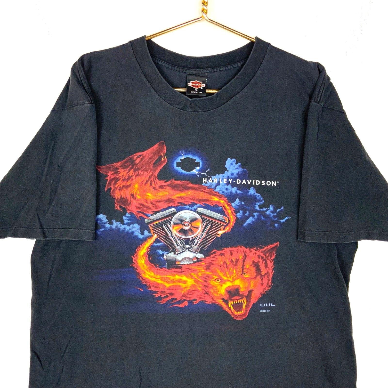Harley-Davidson ファイヤーウルフ 1995年XL Vintage Harley Davidson T-shirt XL Black Flaming Wolf 1995