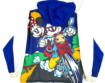 Vintage Mickey Minnie Mouse Motorrad Full Zip Windjacke Jacke Mittelblau