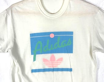 Vintage 1980s Adidas T-Shirt Small White Made Canada Single Stitch Trefoil
