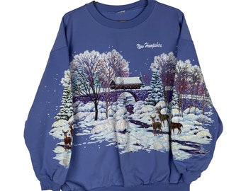 Vintage Wildlife Deers Winter Sweatshirt Crewneck Large Purple Wrap Around Print