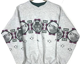 Vintage Art Unlimited Aztec Wolf Sweatshirt Crewneck Größe XL 1993 Grau Aop 90er Jahre