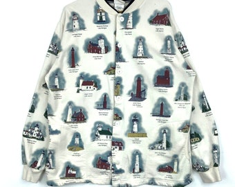 Vintage Lighthouse Art Unlimited Sweatshirt Cardigan XL Button Up Ivory Aop