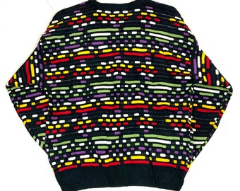 Vintage Bunt Rechteck Geometrische 3D Strickpullover Opa Pullover Größe XL