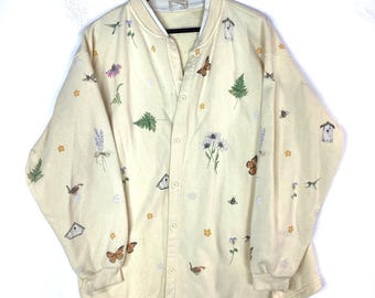Vintage Floral Artisans Sweatshirt Large Yellow Cardigan Button Up Cardigan
