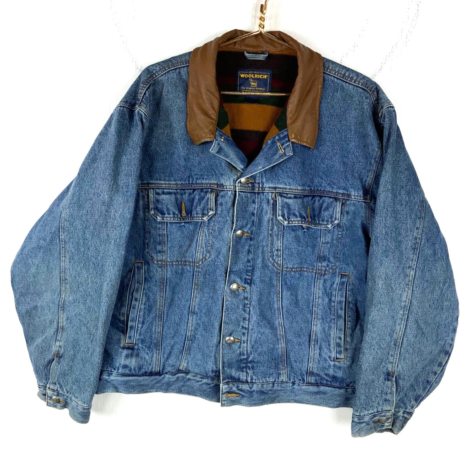 Vintage Woolrich Denim Jean Jacket Size XL Blue Blanket Lined Button Up