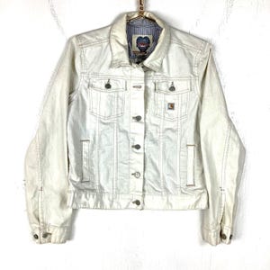 Carhartt Women&#39;s Denim Jean Trucker Jacket Size Large White Made in Usa