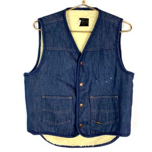 Vintage 1980s Sears Denim Jean Vest Medium Blue Snap Button Sherpa Lined