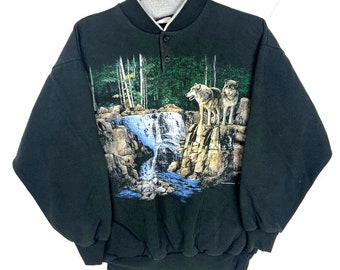 Vintage Wolf Wildlife Sweatshirt Henley Large Art Unlimited Black 90s