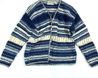 Vintage Le Moda Hand Knit Striped Women's Cardigan Sweater Size Medium Blue