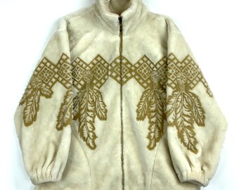 Vintage Patterned Full Zip Fleece Sweater Jacket Size Medium Ivory