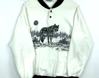 Vintage Wolf Wildlife Sweatshirt Henley Large AU Sportswear White 1989