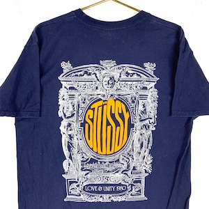 Vintage Stussy T-Shirt Size Large Blue Double Sided Love & Unity Y2K