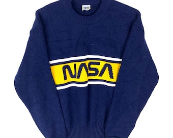 Vintage Nasa Knit Crewneck Sweater Large Blue Made In Usa 1980s